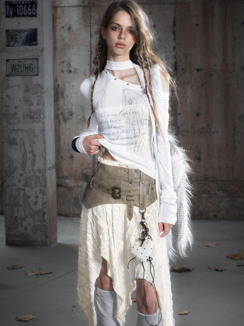 Cest Nous Pu Patchwork Punk Asymmetric Low Waist Youth Daily Wear Cotton Blend Midiskirts