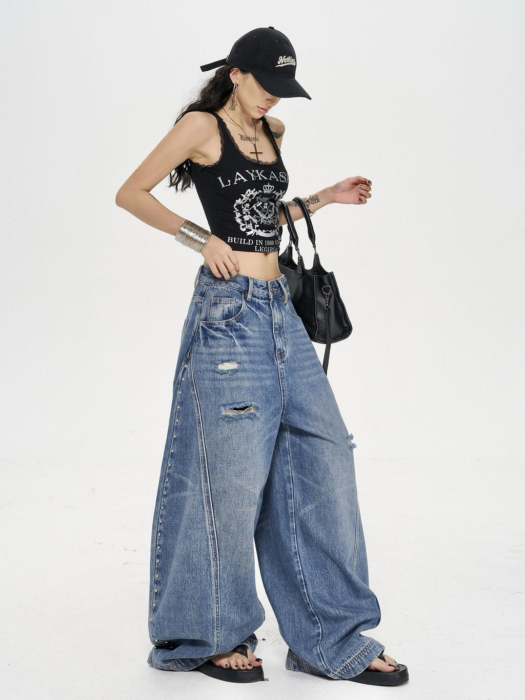 ZERO Distressed Low Rise Loose Fit Casual Vintage Blue Denim Wide Leg Jeans