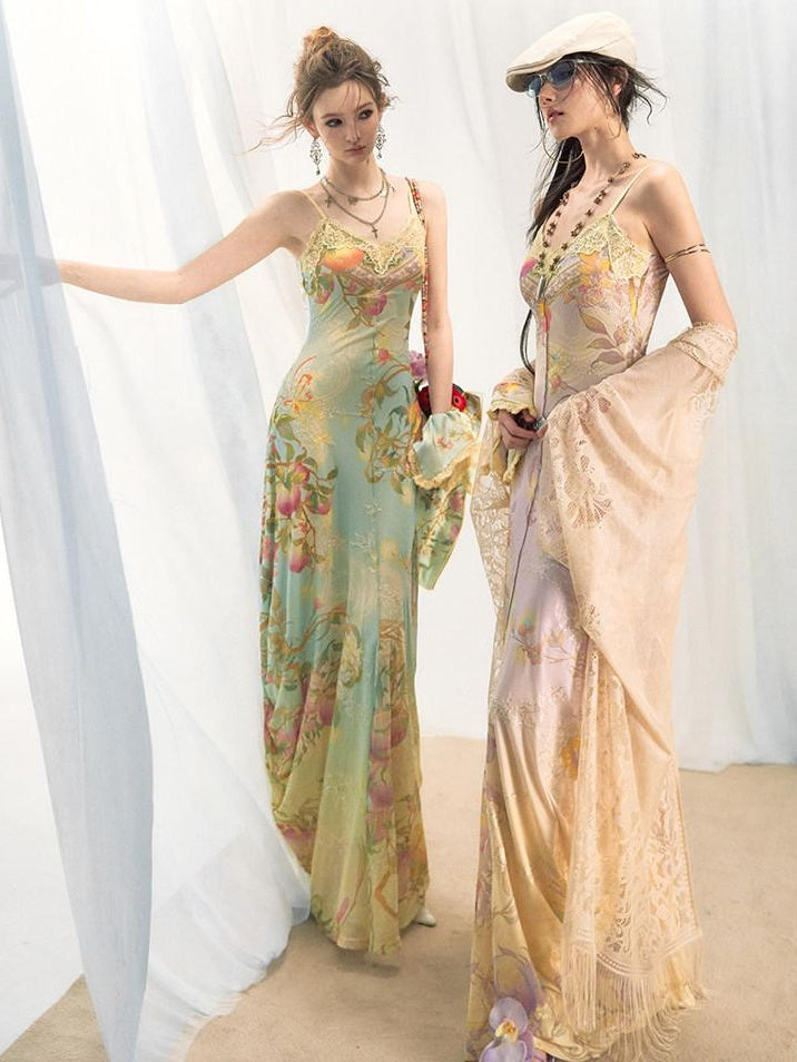 OfAkiva High Stretch Colorblock New Chinese Style A Line High Waist Women Maxi Dresses