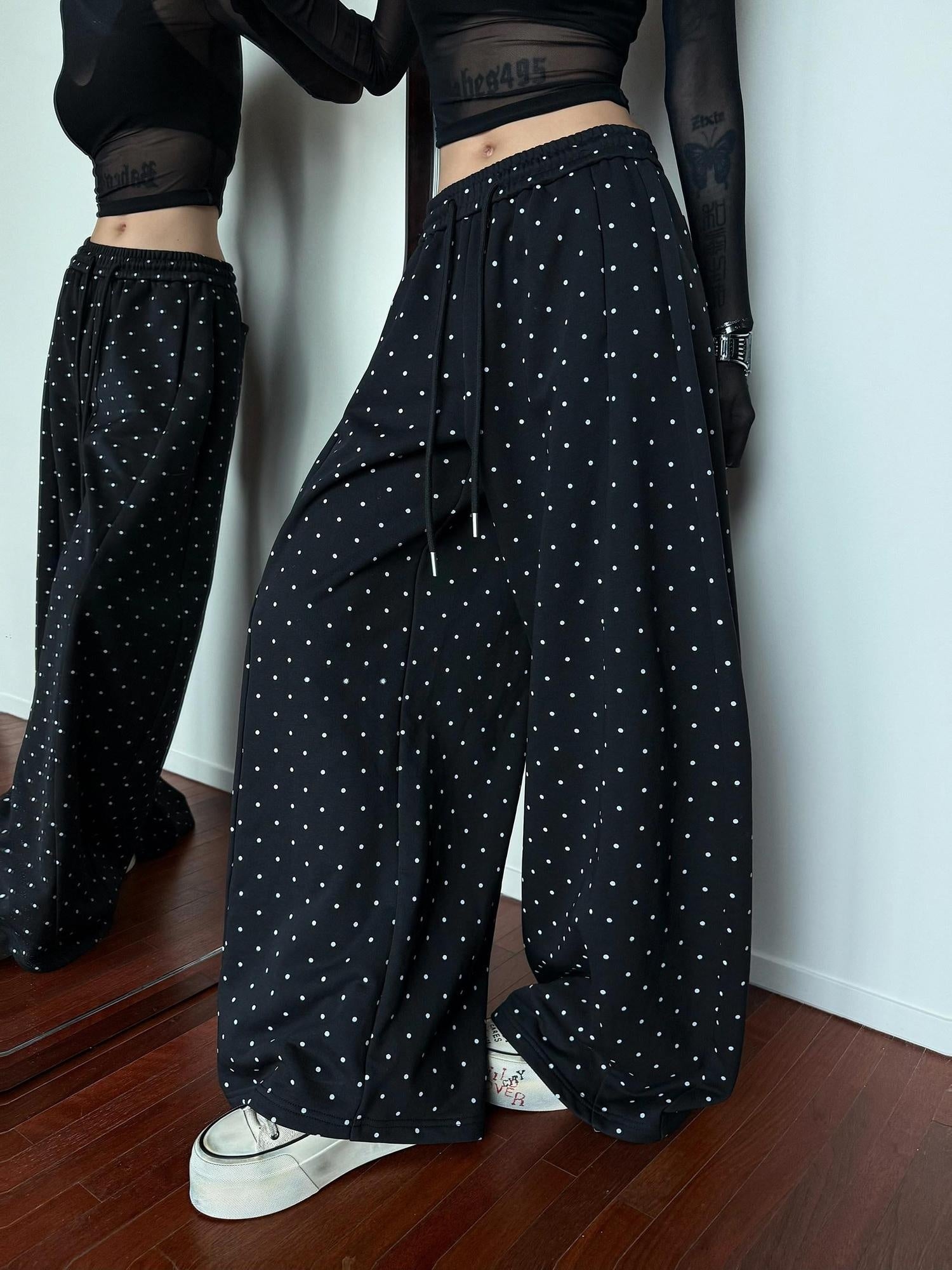 ZERO Polka Dot Cotton Knit Elastic Natural Waist Casual Women Everyday Wide Leg Pants