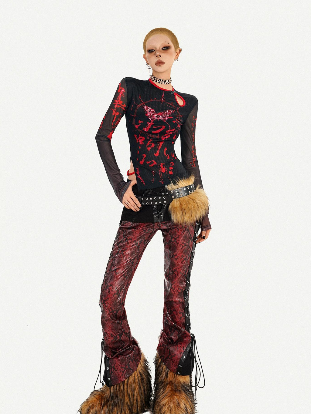 Nico Molly Dark Gothic Mesh Butterfly Print Asymmetric Slim Fit Women Long Sleeve T-Shirts