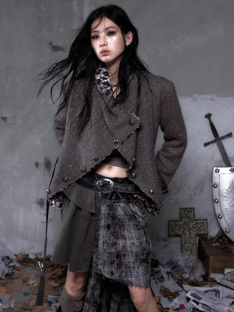 NO ROMANCE Leopard Print Patchwork Reversible Lapel Women'S Boucle Tweed Plush Short Coats