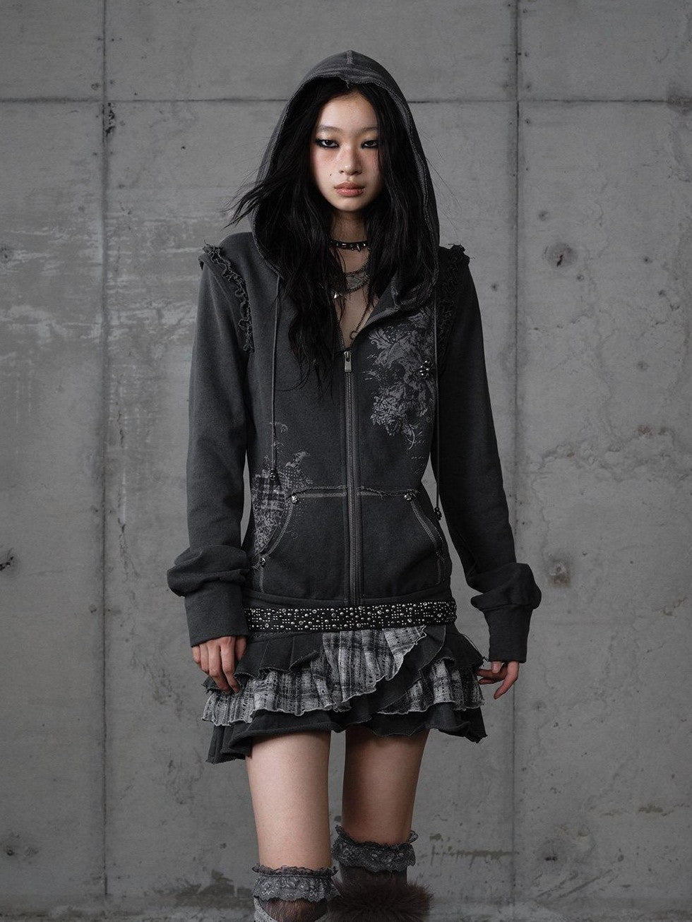 NO ROMANCE Deep Gray Y2K Printed Lace Detachable Hood Sweatshirt Women'S Mini Dresses