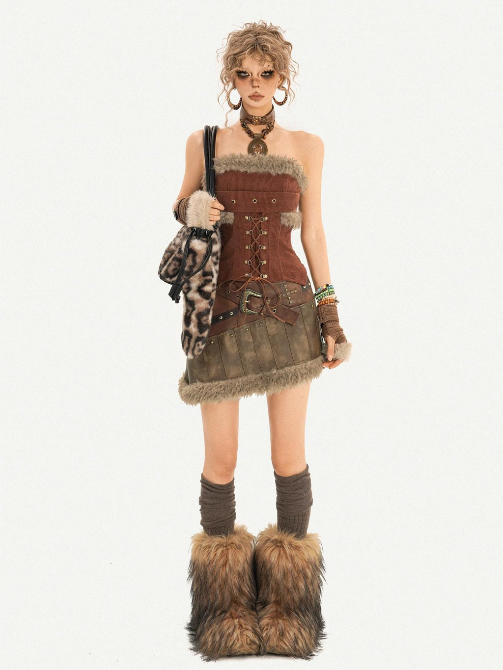 Nico Molly Beaded Vintage Patchwork A Line Mid Waist Lined Brown Women Top & Skirt Sets
