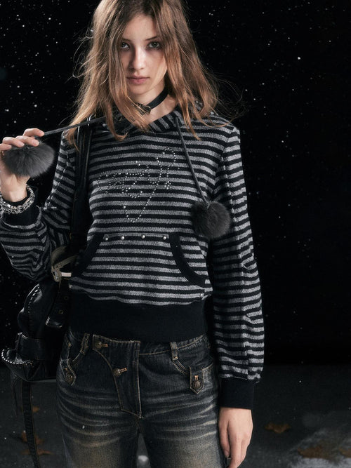 Cest Nous Acrylic Blend Loose Fit Commuter Pullover Women Striped Black Gray Hooded Hoodie