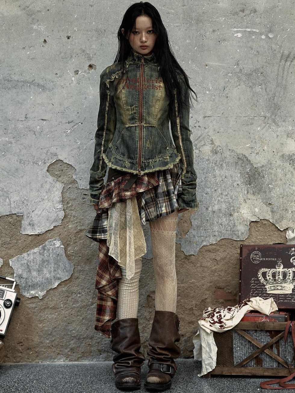 NO ROMANCE Punk Asymmetric Plaid Patchwork Rivet Women'S Cotton Midi Skirts