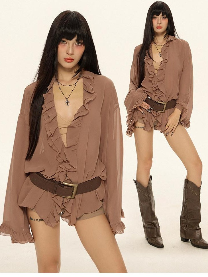 ZERO Chiffon Ruffle V-neck Loose Street Sporty Long Sleeve Black Brown Women Blouses