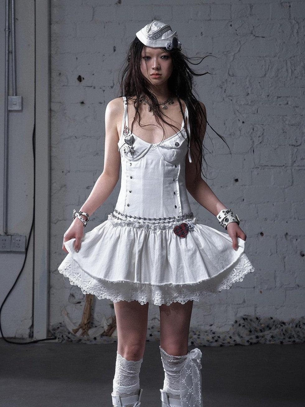 NO ROMANCE Washed Frayed Hem Vintage Punk Academy Women'S Cotton Slip Mini Dresses