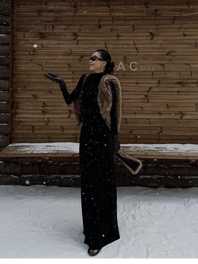 ZERO High Stretch Knit Slim Straight Turtleneck Long Sleeve Black Maxi Dresses