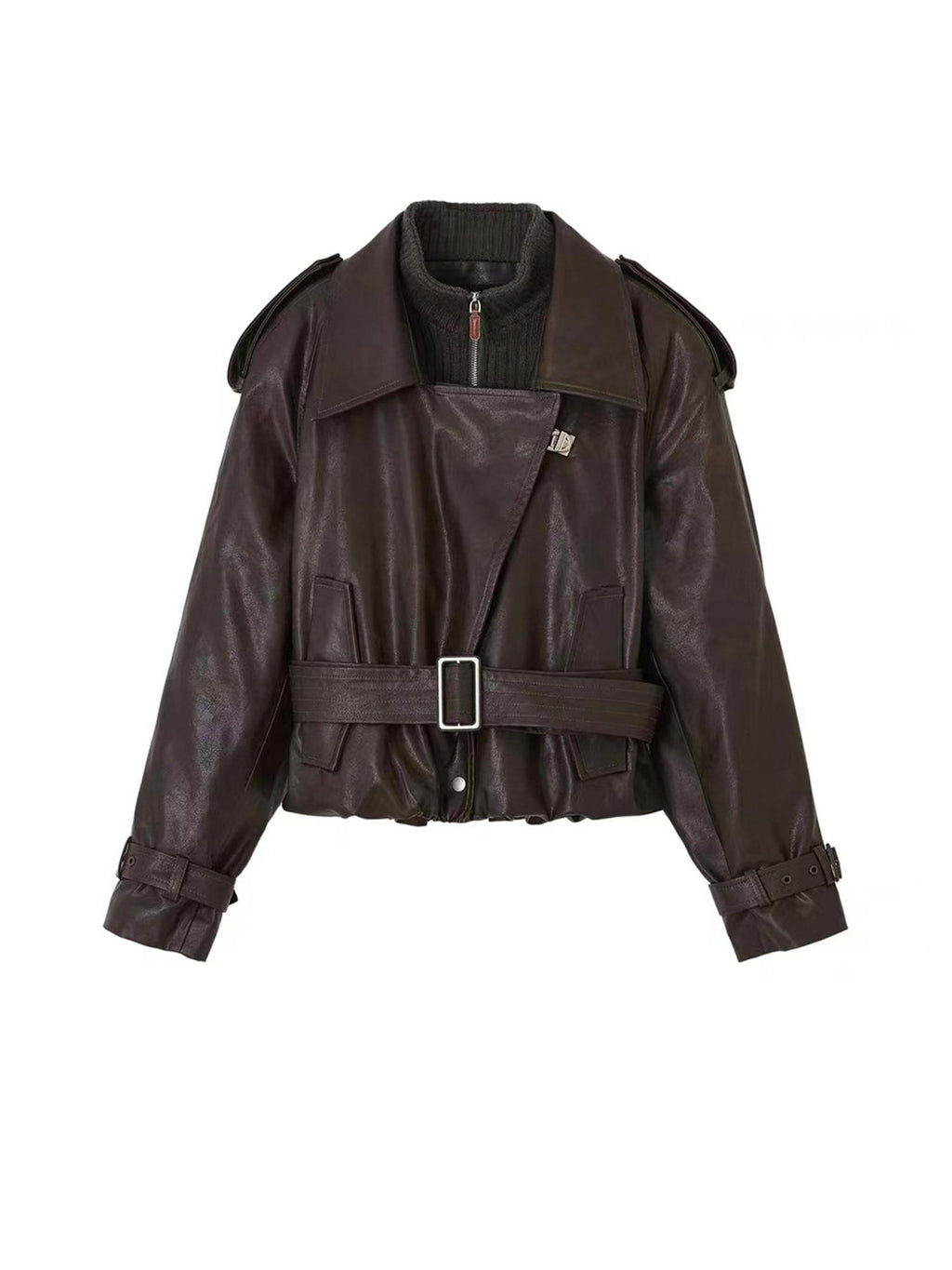 OfAkiva Slim Fit Short Zipper Blazer Collar Long Sleeve Youth Outerwear Leather Jackets