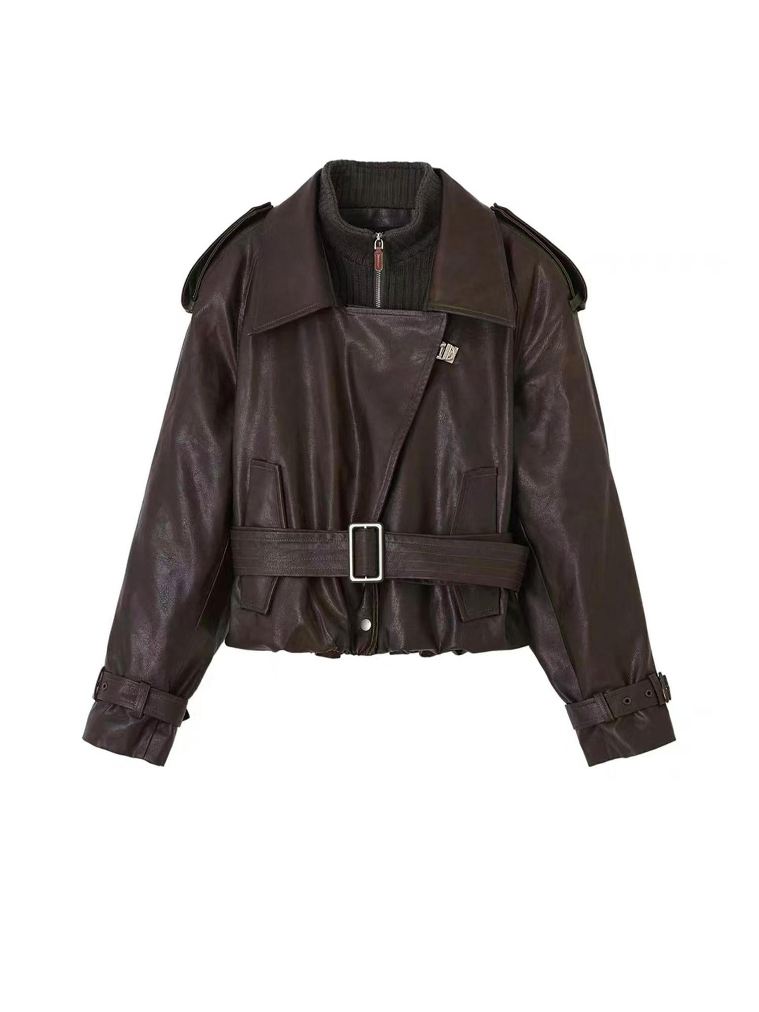 OfAkiva Slim Fit Short Zipper Blazer Collar Long Sleeve Youth Outerwear Leather Jackets