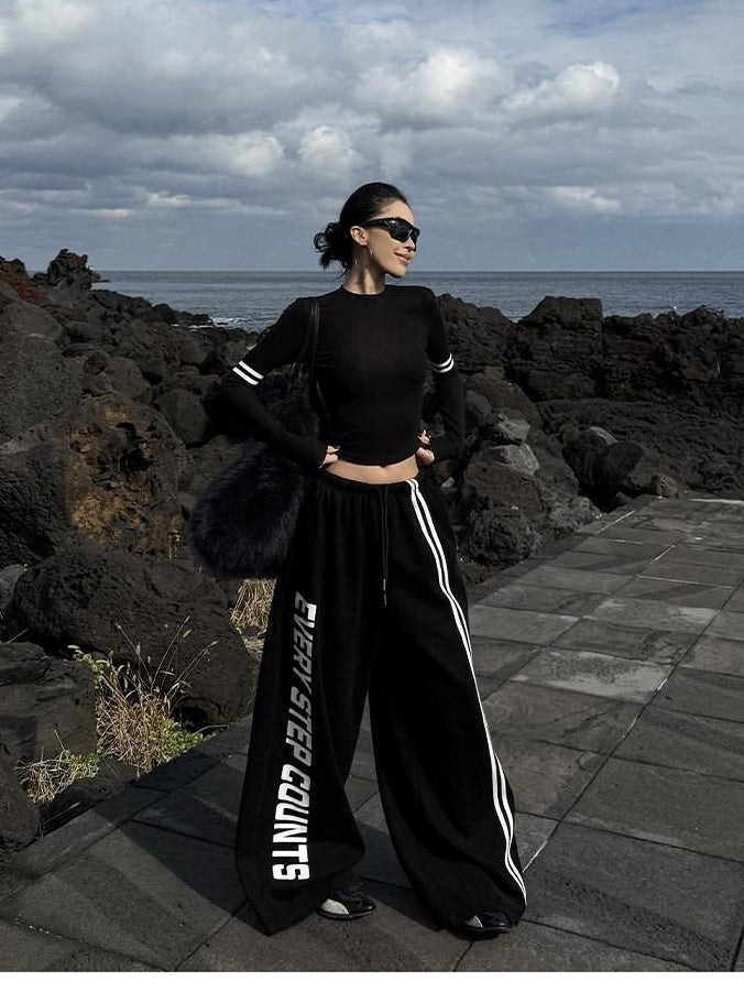ZERO Sporty Printed Knit Natural Waist Elastic Waistband Women Wide Leg Pants