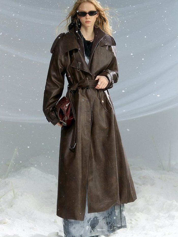 OfAkiva Thick Faux Leather Slim Fit Blazer Collar Pocket Midlength Women Long Coats