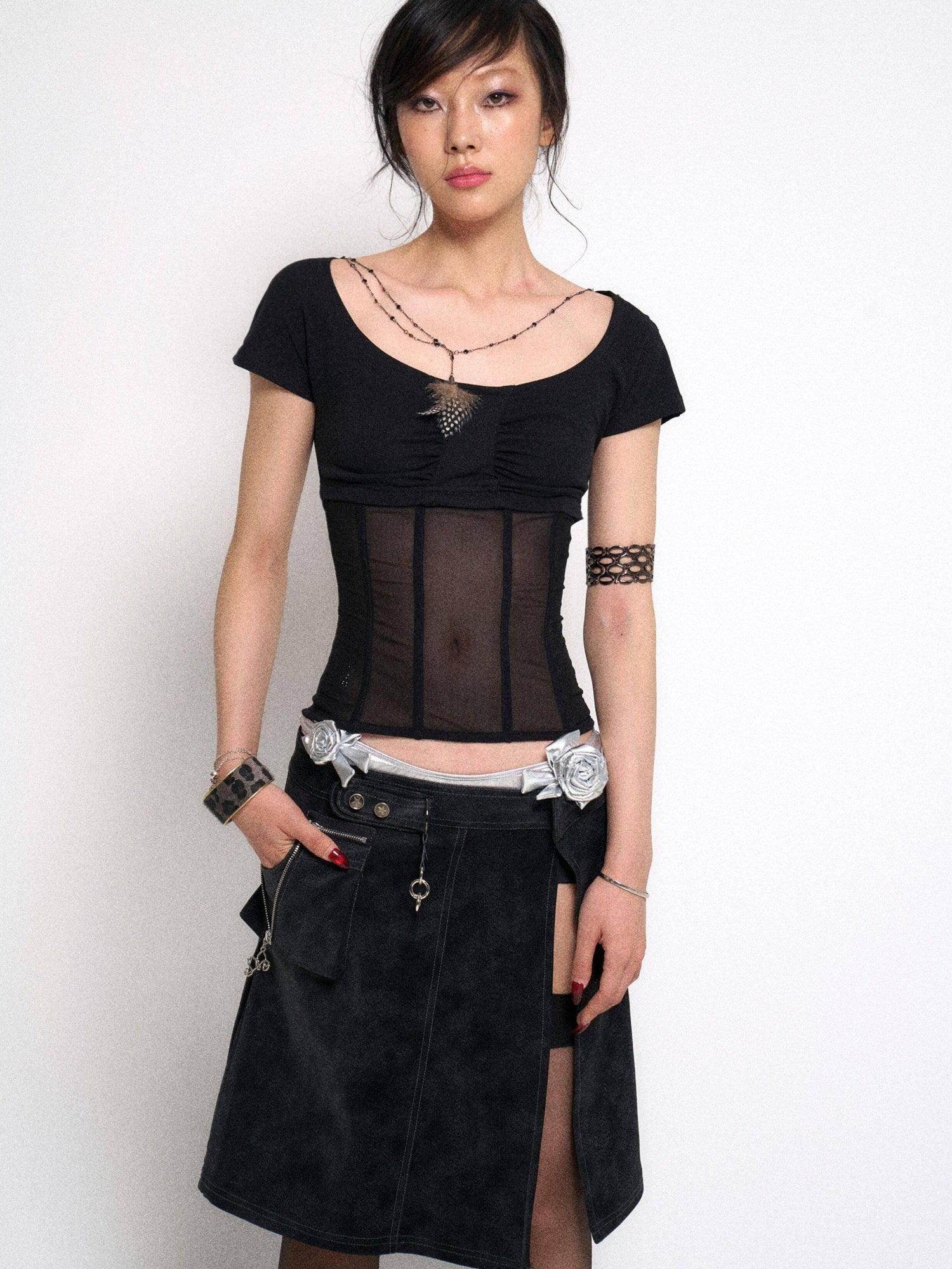 Flowers birds Market Cutout Gothic Slim Fit Solid Black Women Cotton Stretch Short Sleeve T-Shirts