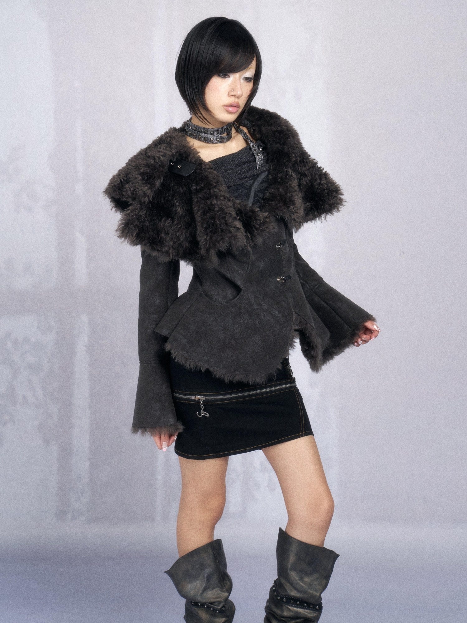 OPEN AESTHETIC Warm Faux Fur Oversized Lapel Collar Women Dark Aesthetic Black Casual Jackets
