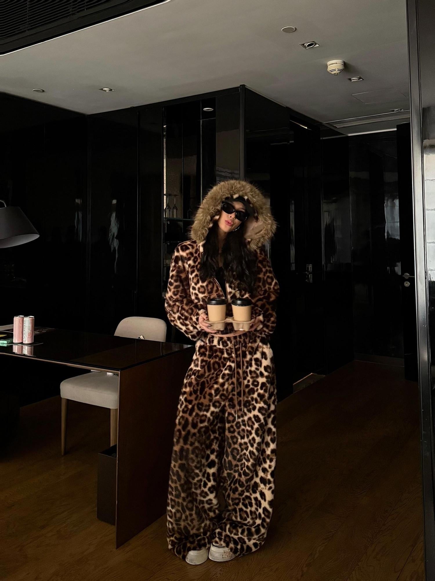 ZERO Fleece Lined Warm Loose Hooded Zipper Women Leopard Print Top & Pants Sets