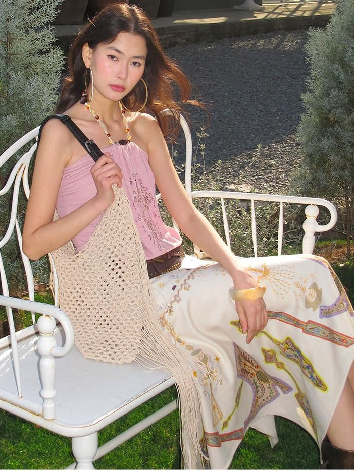 OfAkiva High Waist Asymmetrical A Line Slim Fit Printed Beige Women Maxi Skirts