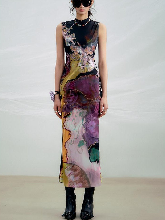 OfAkiva High Waist Floral New Chinese Style A Line Qipao Womens Tricolor Maxi Dresses