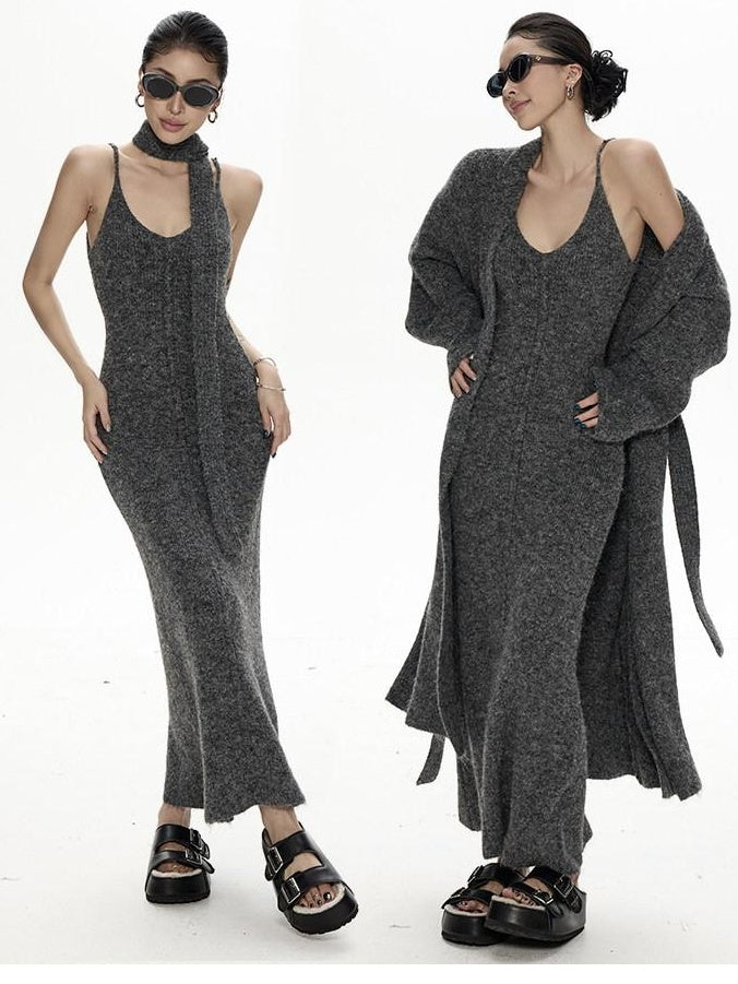 ZERO High Stretch Retro Two Piece Cardigan And Cami Women Acrylic Maxi Dresses