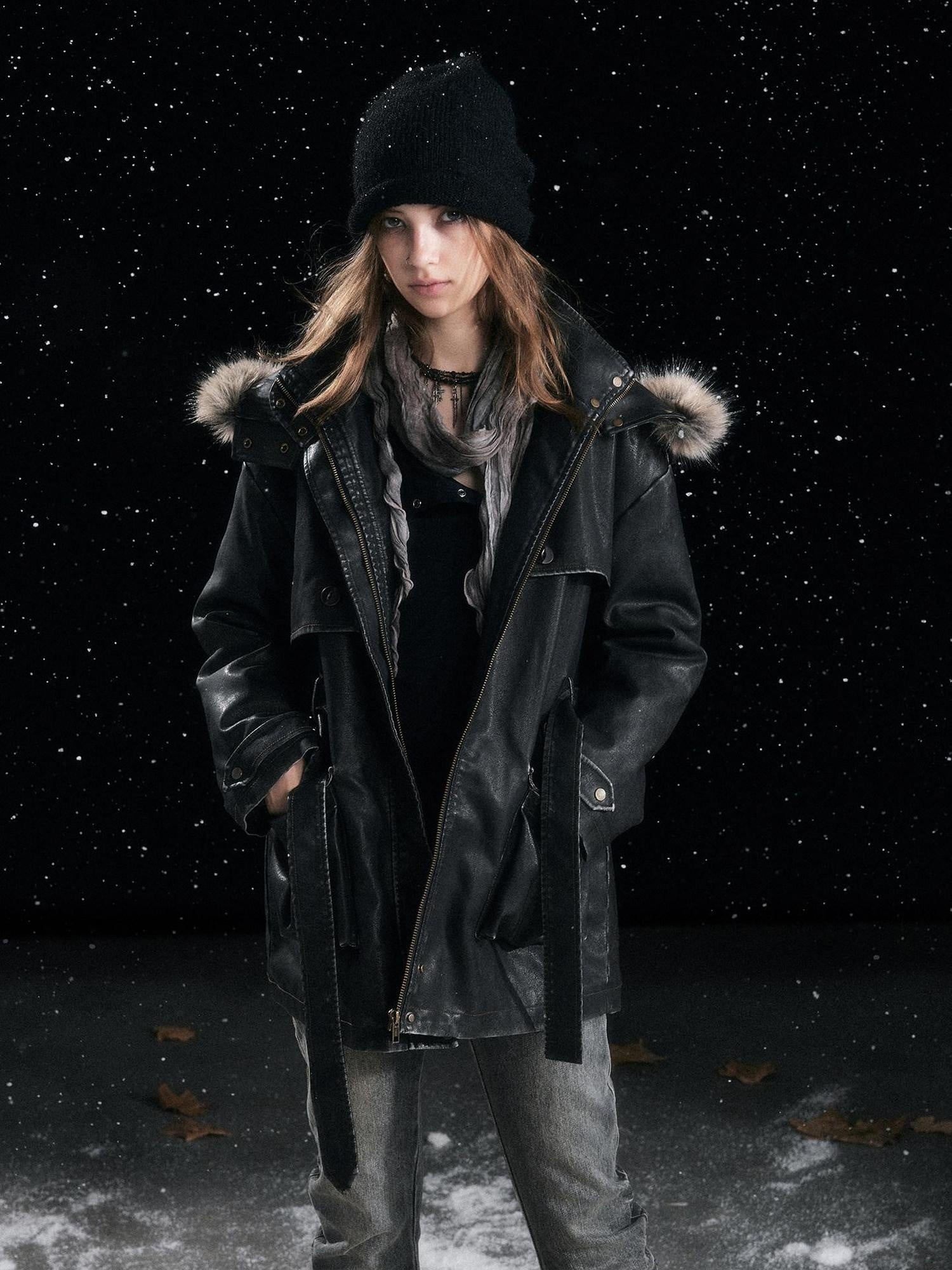 Cest Nous Insulated Commuter Hooded Straight Women Washed Black Leatherjackets