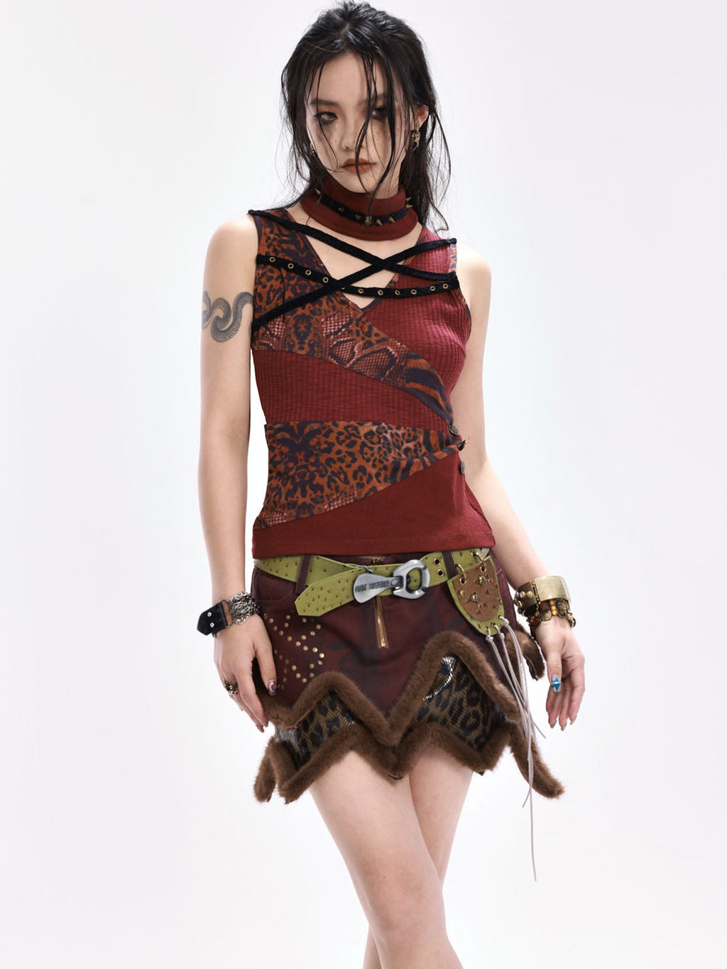 OPEN AESTHETIC Original Design Slim Fit Button Patchwork Striped Women Dark Red Tank Tops