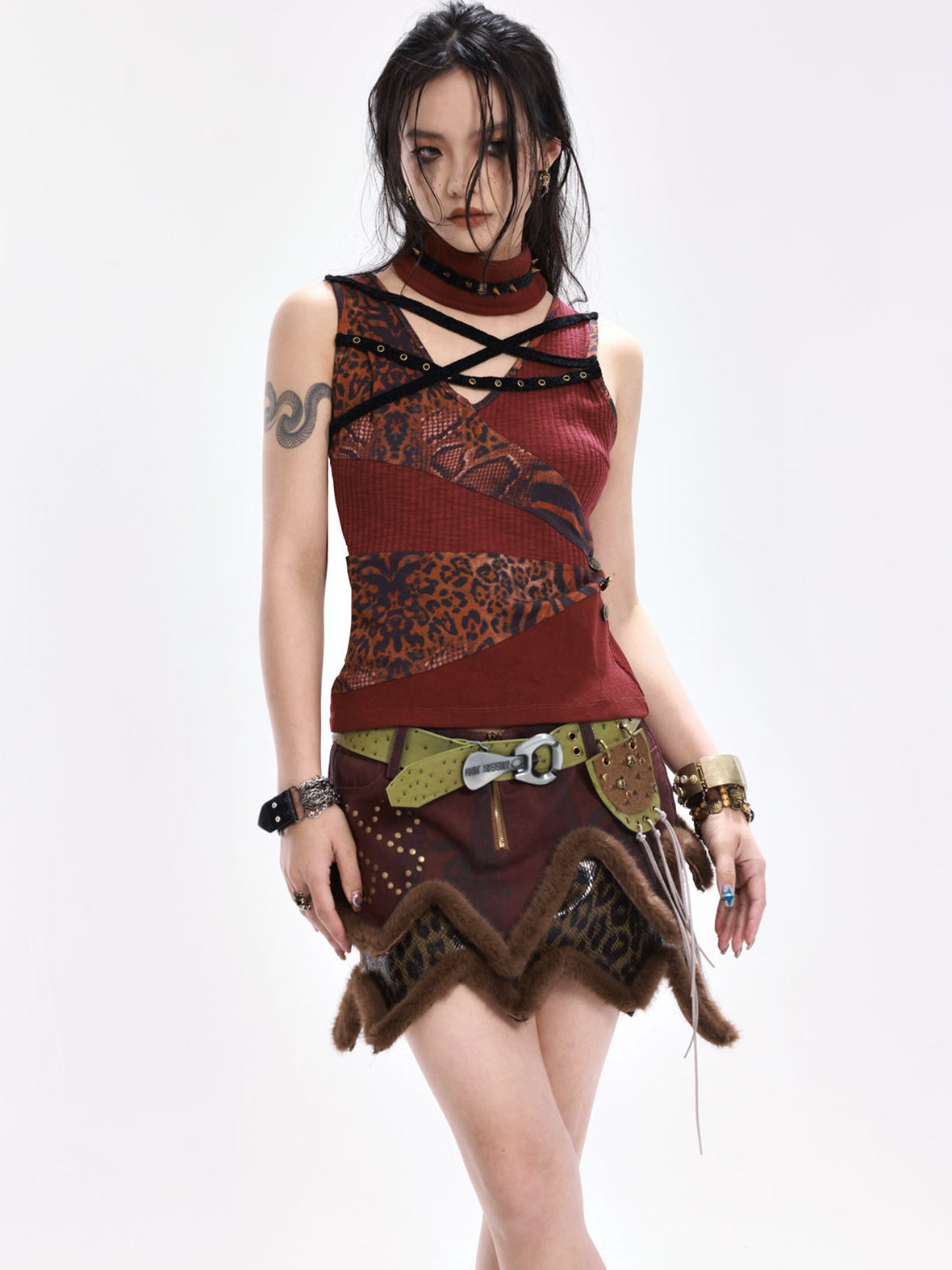 OPEN AESTHETIC Original Design Slim Fit Button Patchwork Striped Women Dark Red Tank Tops