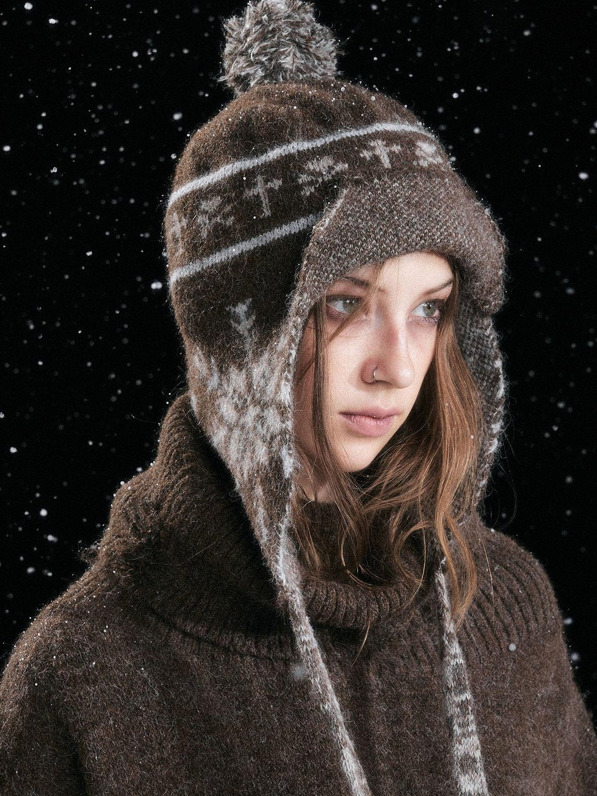 Cest Nous Cozy Striped Knitted Wool Earflap Casual Youth Women One Size Brown Beanies