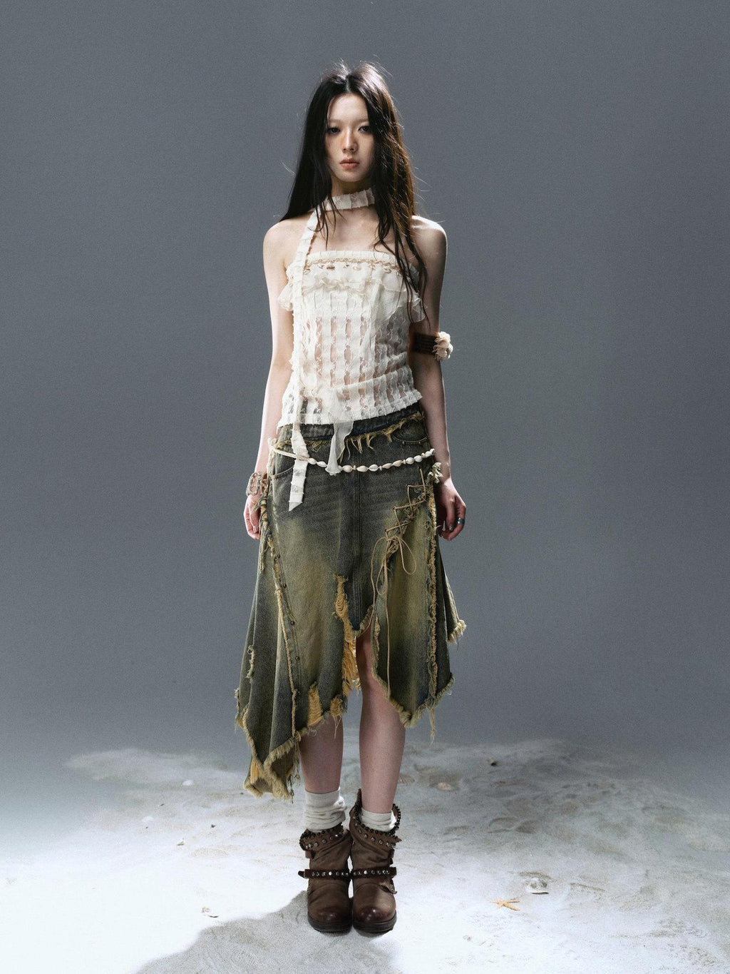 Cest Nous Distressed Cotton Blend Irregular Mid Waist A Line Street Punk Casual Mididresses
