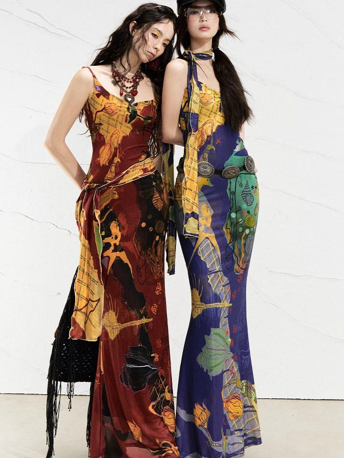 OfAkiva Sexy High Waist Square Neck Strappy Printed Stretch Polyester Maxi Dresses