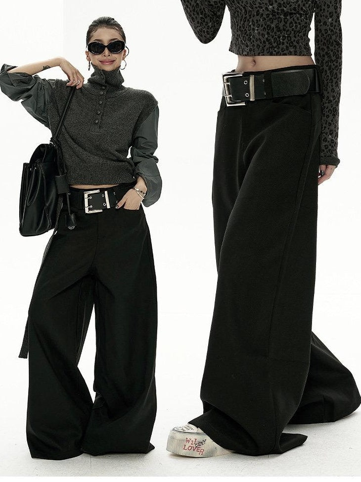 ZERO Comfortable Low Waist Casual Straight Cut Black Polyester Women Wide Leg Pants