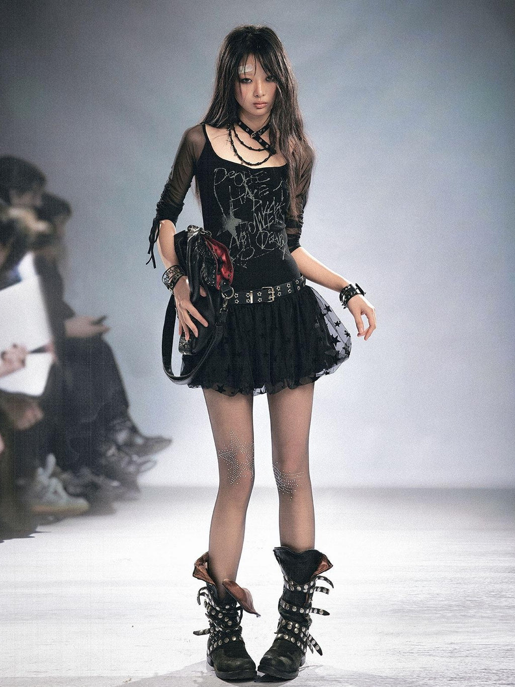 Cest Nous Printed Mesh Stretch Cotton Punk Strappy Puff Skirt Slim Fit Urban Minidresses