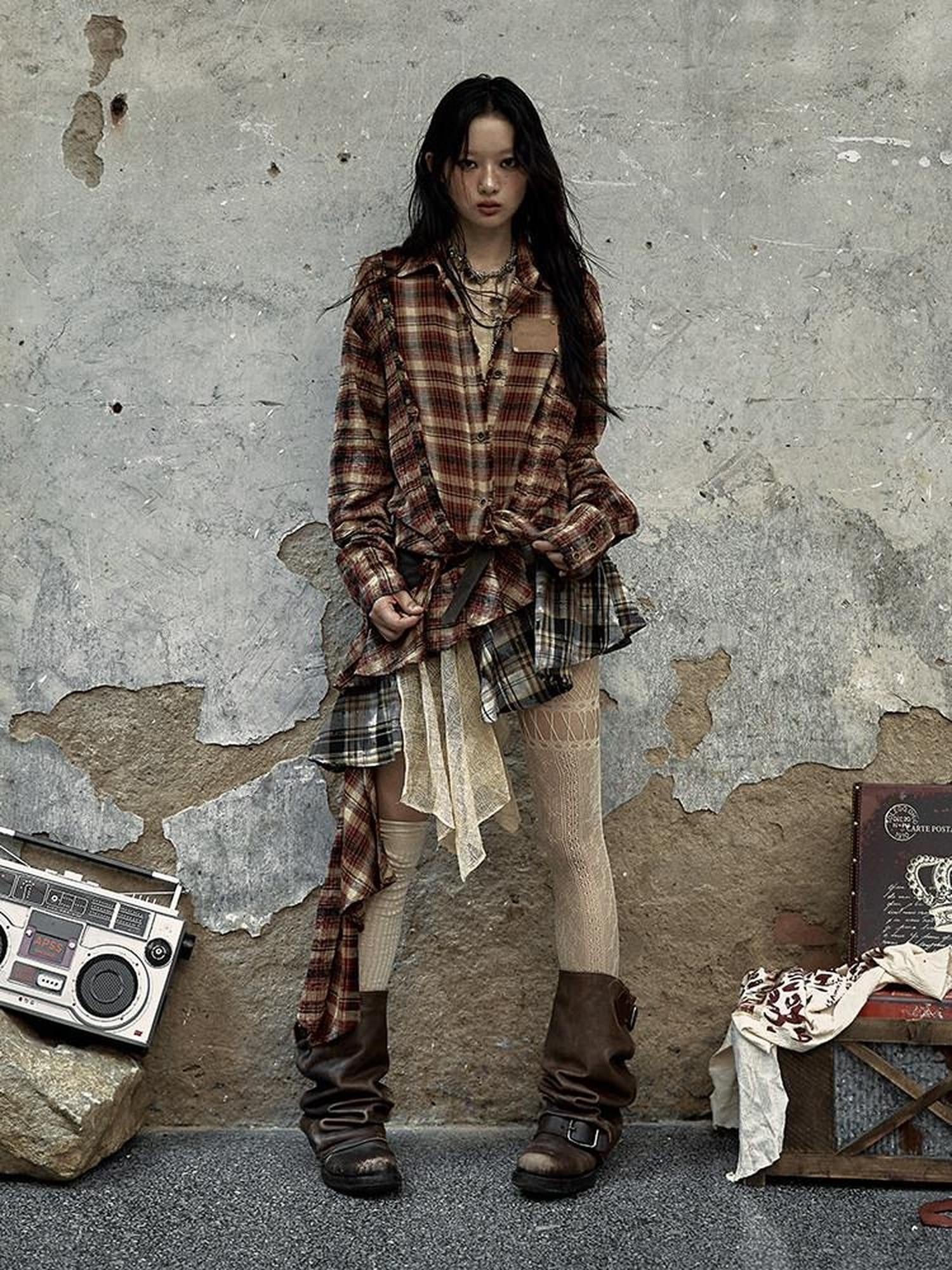 NO ROMANCE Punk Asymmetric Plaid Patchwork Rivet Women'S Cotton Midi Skirts