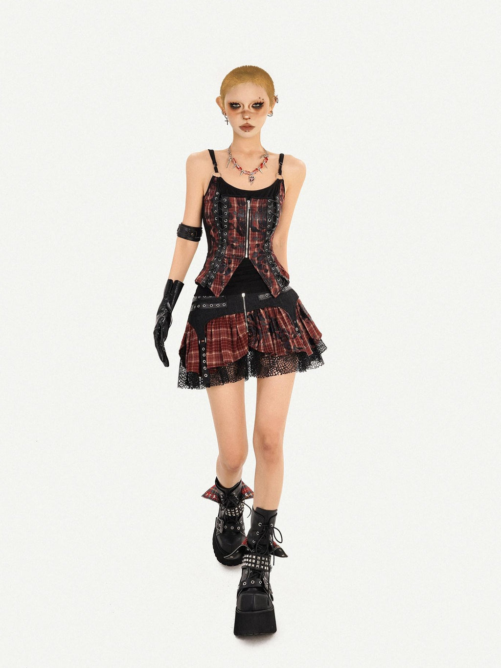 Nico Molly Zipper Cropped Plaid Slim Camisole High Waist Skirt Women Top & Skirt Sets