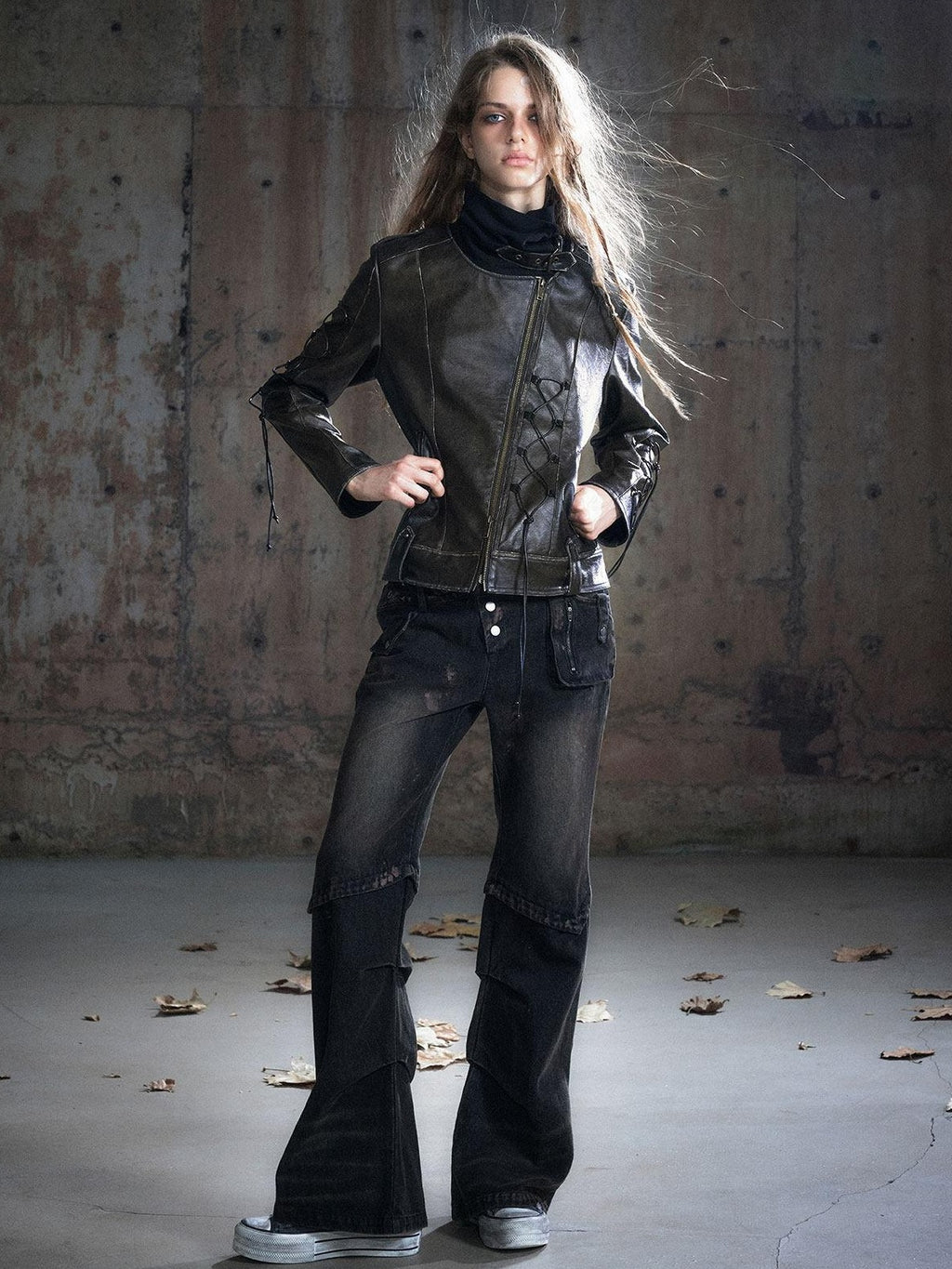 Cest Nous Patchwork Punk Low Waist Asymmetric Women Washed Black Cotton Straightlegjeans
