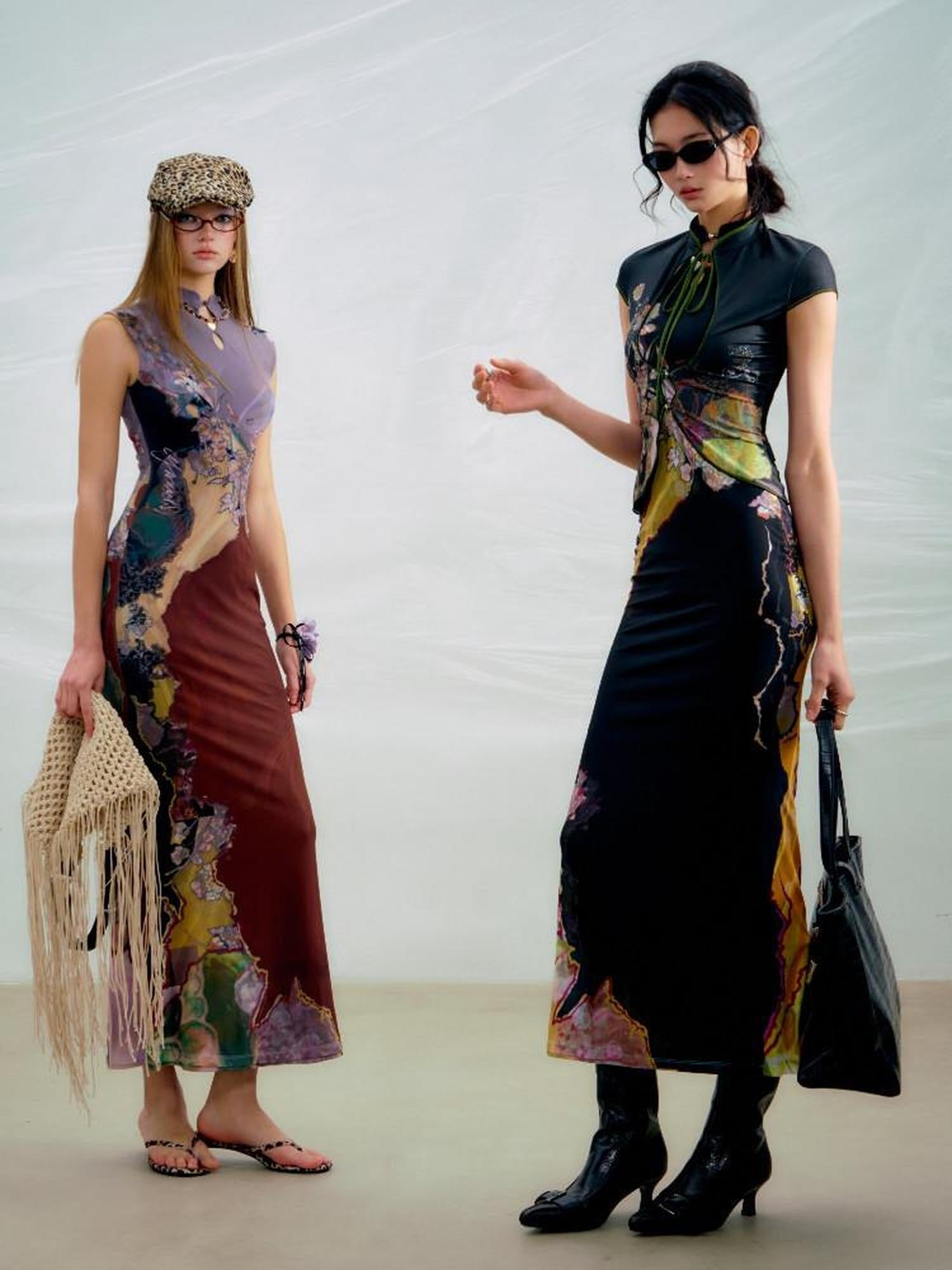 OfAkiva High Waist Floral New Chinese Style A Line Qipao Womens Tricolor Maxi Dresses