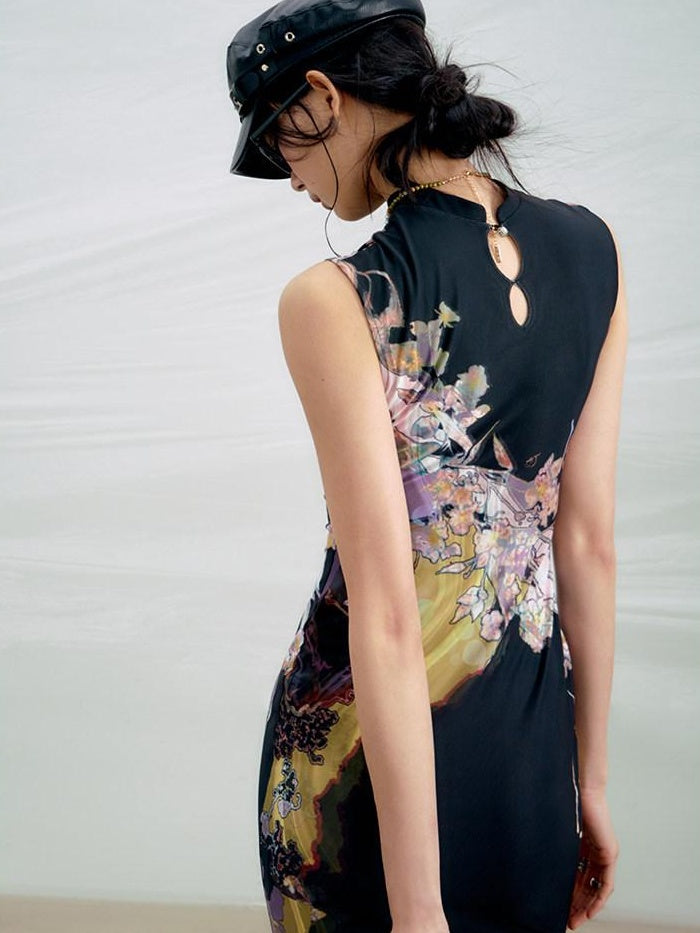 OfAkiva High Waist Floral New Chinese Style A Line Qipao Womens Tricolor Maxi Dresses