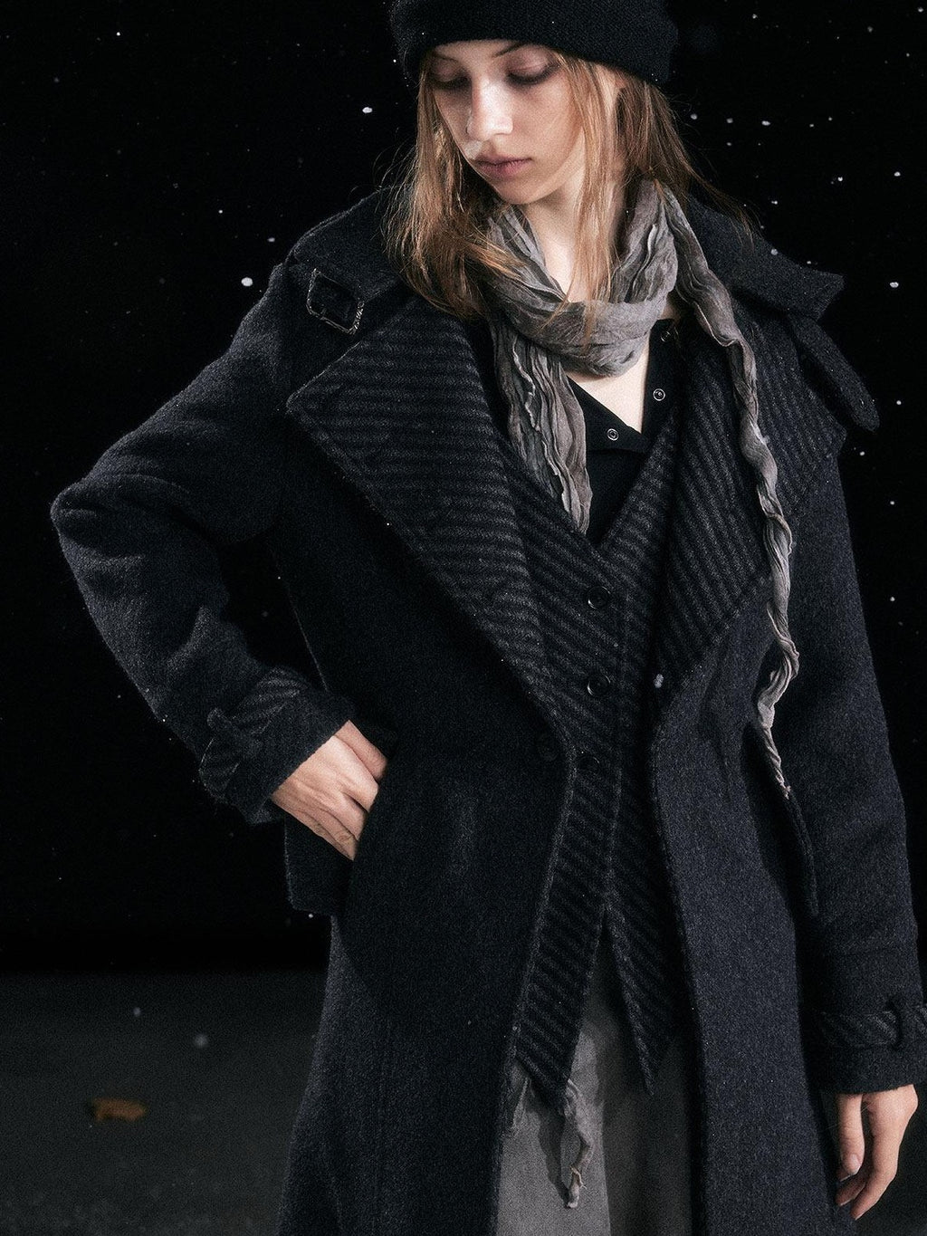 Cest Nous Warm Thick Midlength Lapel Loose Fit Commuter Women Black Gray Longcoats