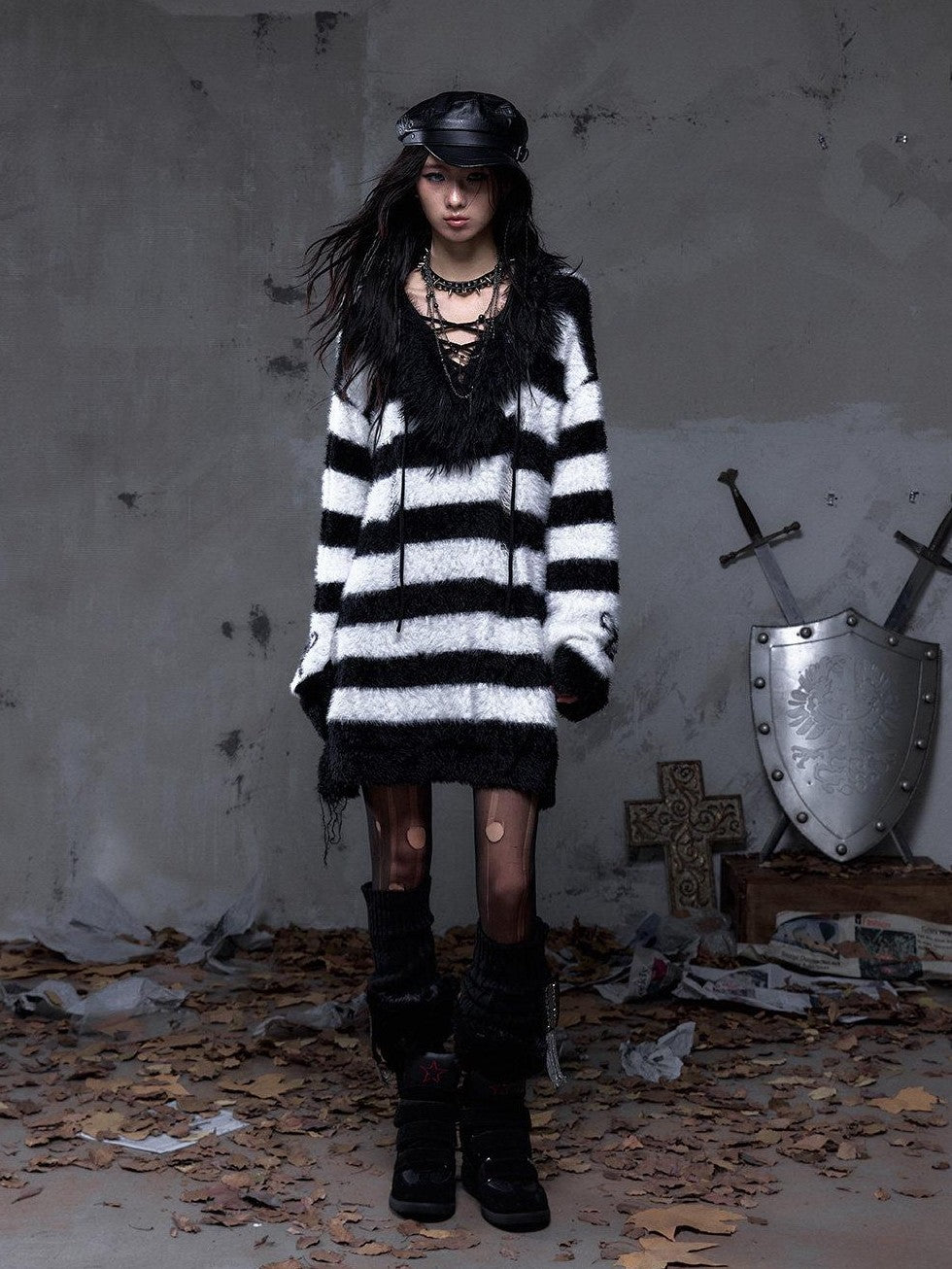 NO ROMANCE Vintage Punk Distressed Striped Women'S Faux Mink Low Neck Loose Long Sweaters
