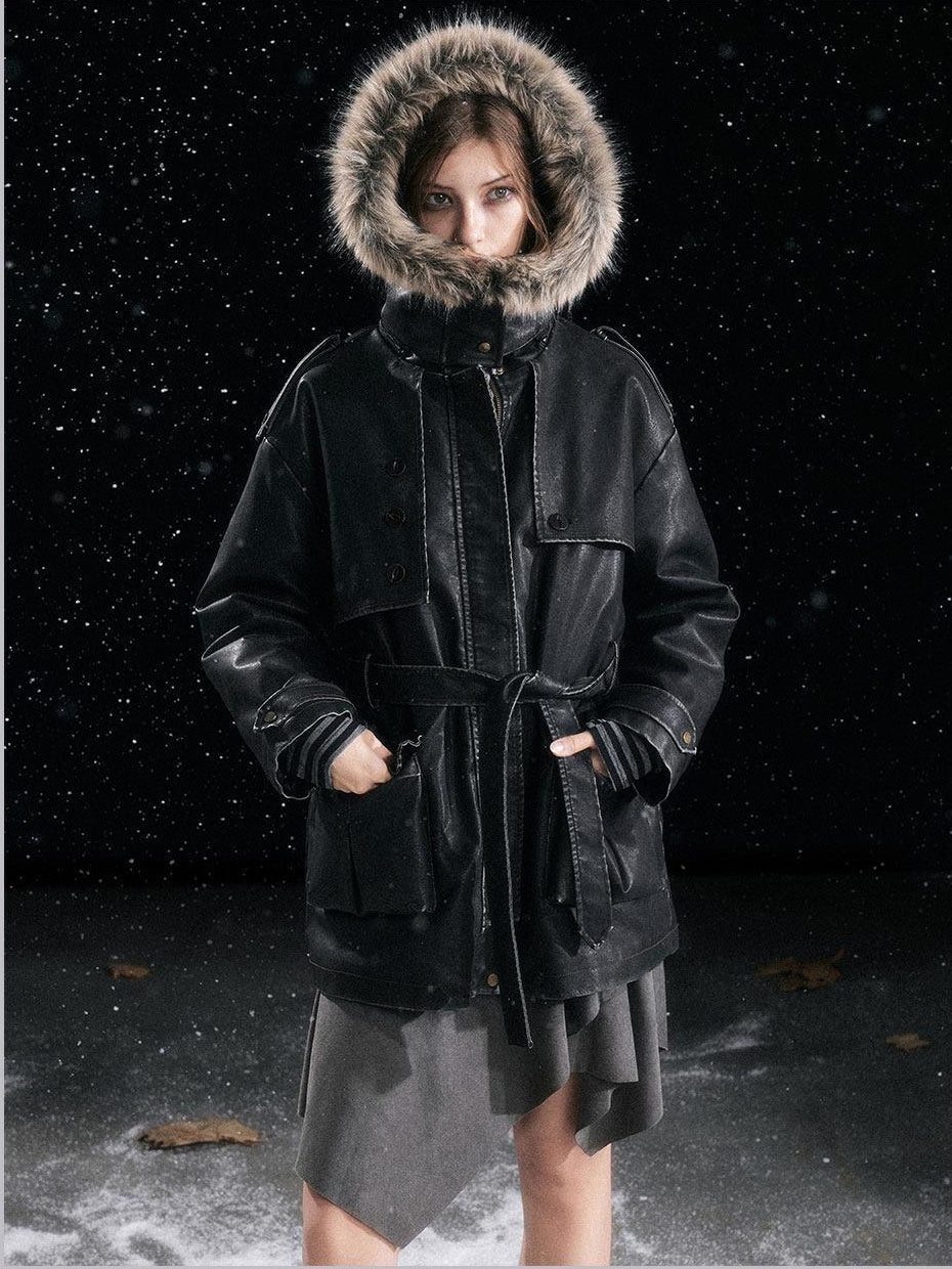 Cest Nous Insulated Commuter Hooded Straight Women Washed Black Leatherjackets