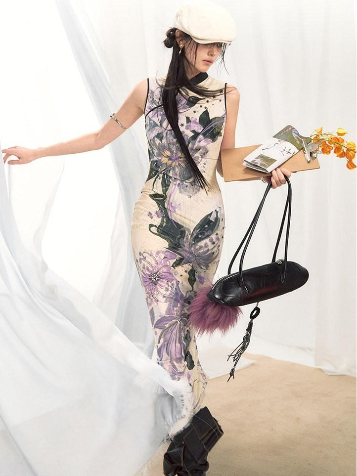 OfAkiva Figure Flattering Printed Chinese Stand Collar Mermaid Slim Women Maxi Skirts