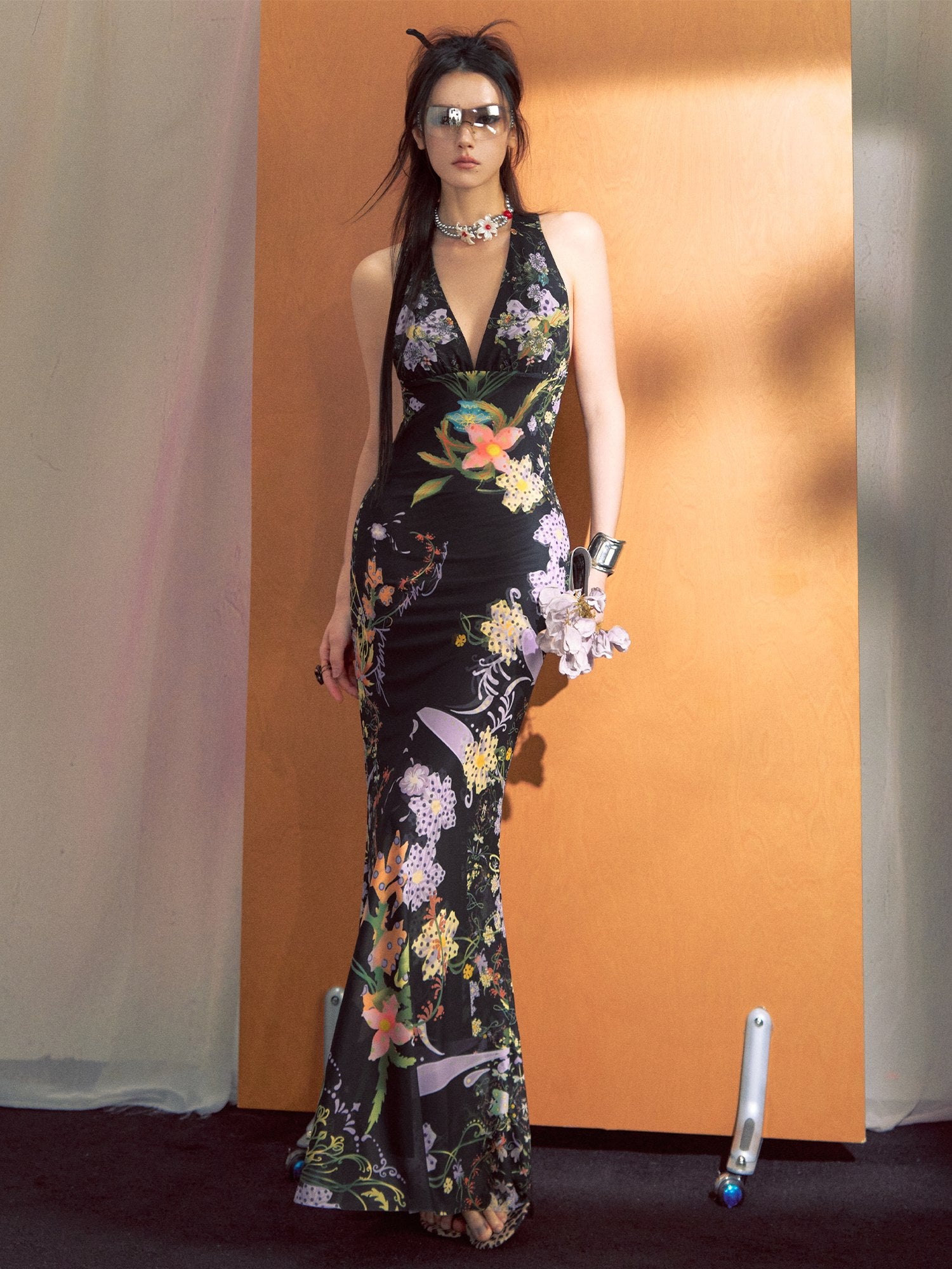OfAkiva French Colorblock High Waist V-neck Sleeveless Fishtail Women Maxi Dresses