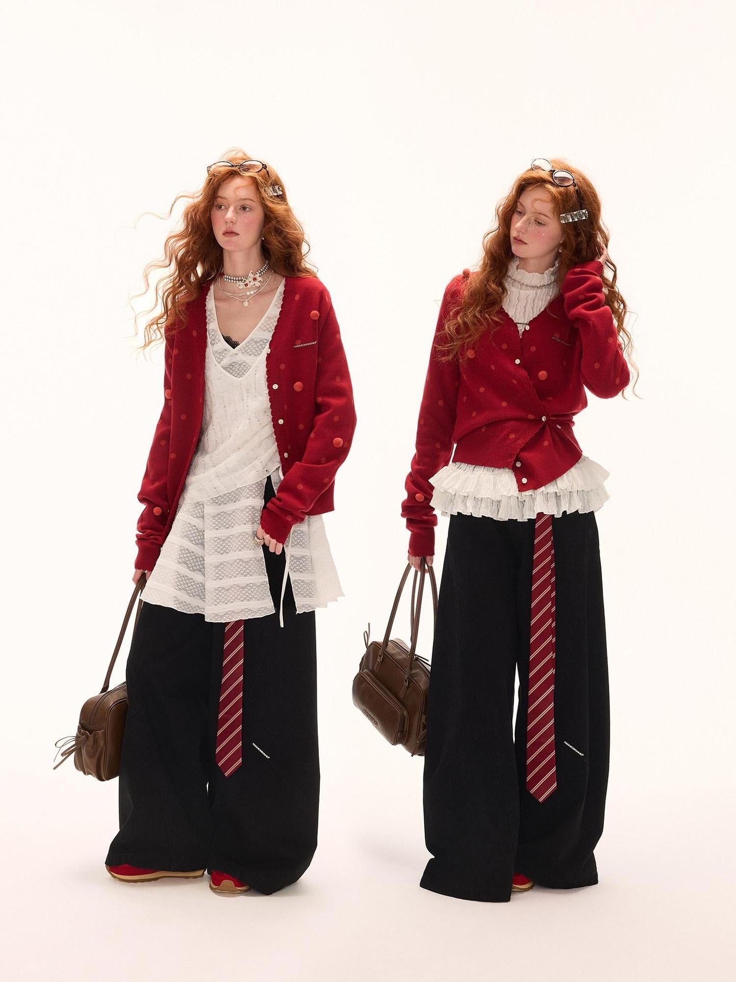 MAMC Comfort Viscose Blend Polka Dot Slim Fit Campus Open Front Long Sleeve Cardigans