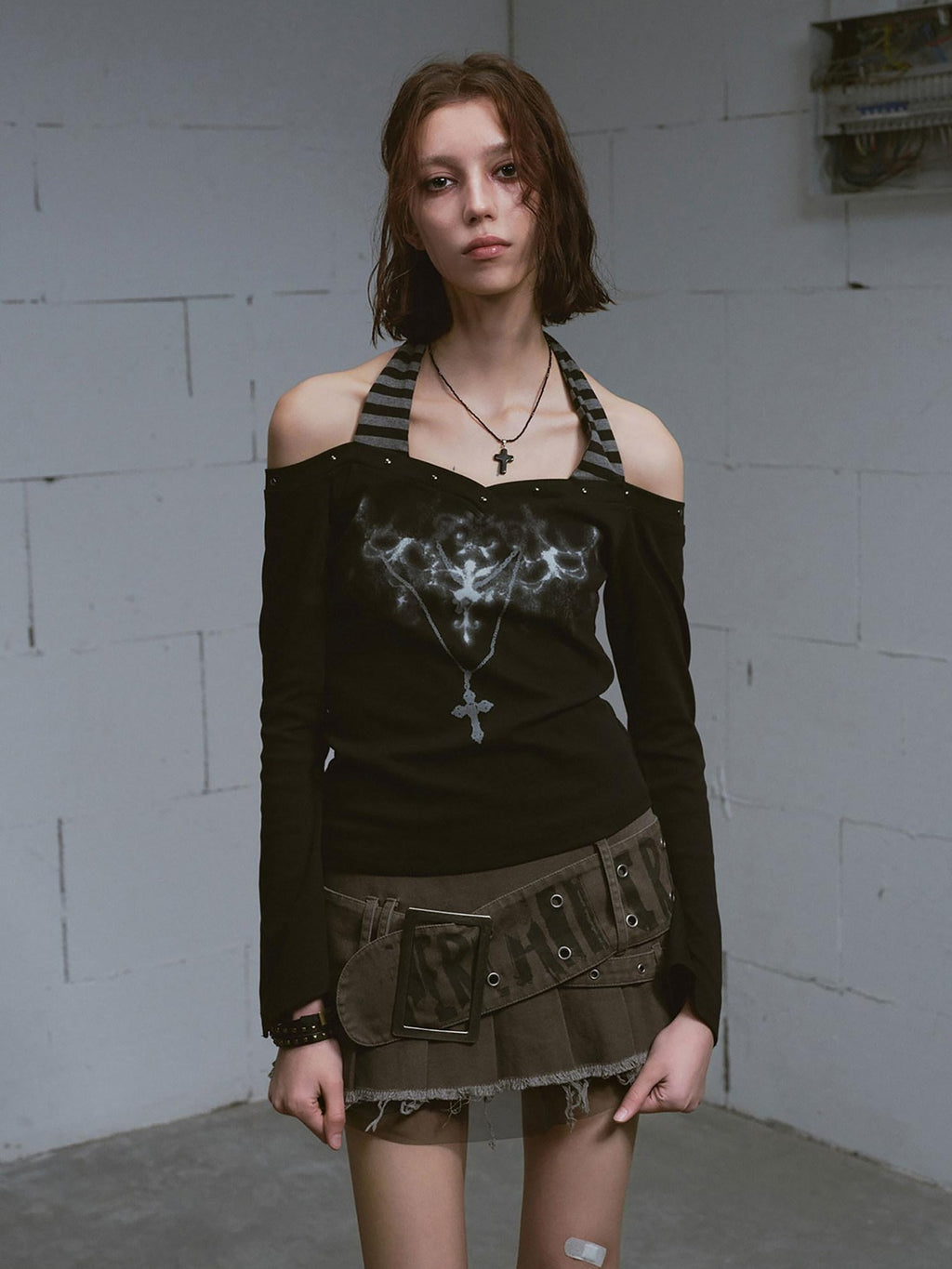 Cest Nous Printed Slim Street Punk Long Sleeve Straight Neck Women Haltercroptops