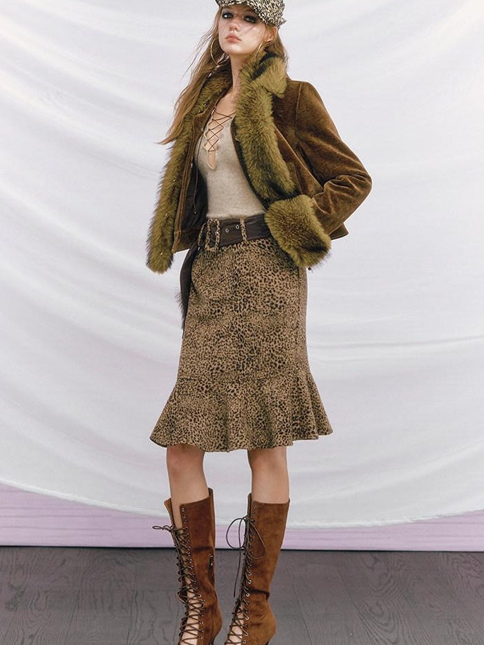 OfAkiva High Waisted Slim A Line Patchwork Belted Casual Women Leopard Print Midi Skirts
