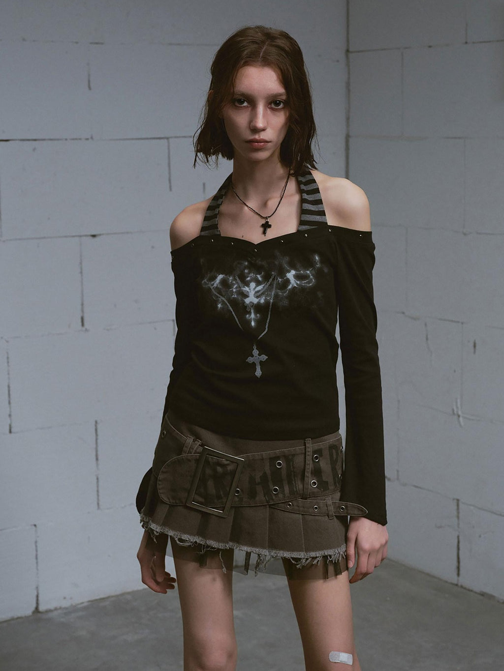 Cest Nous Printed Slim Street Punk Long Sleeve Straight Neck Women Haltercroptops