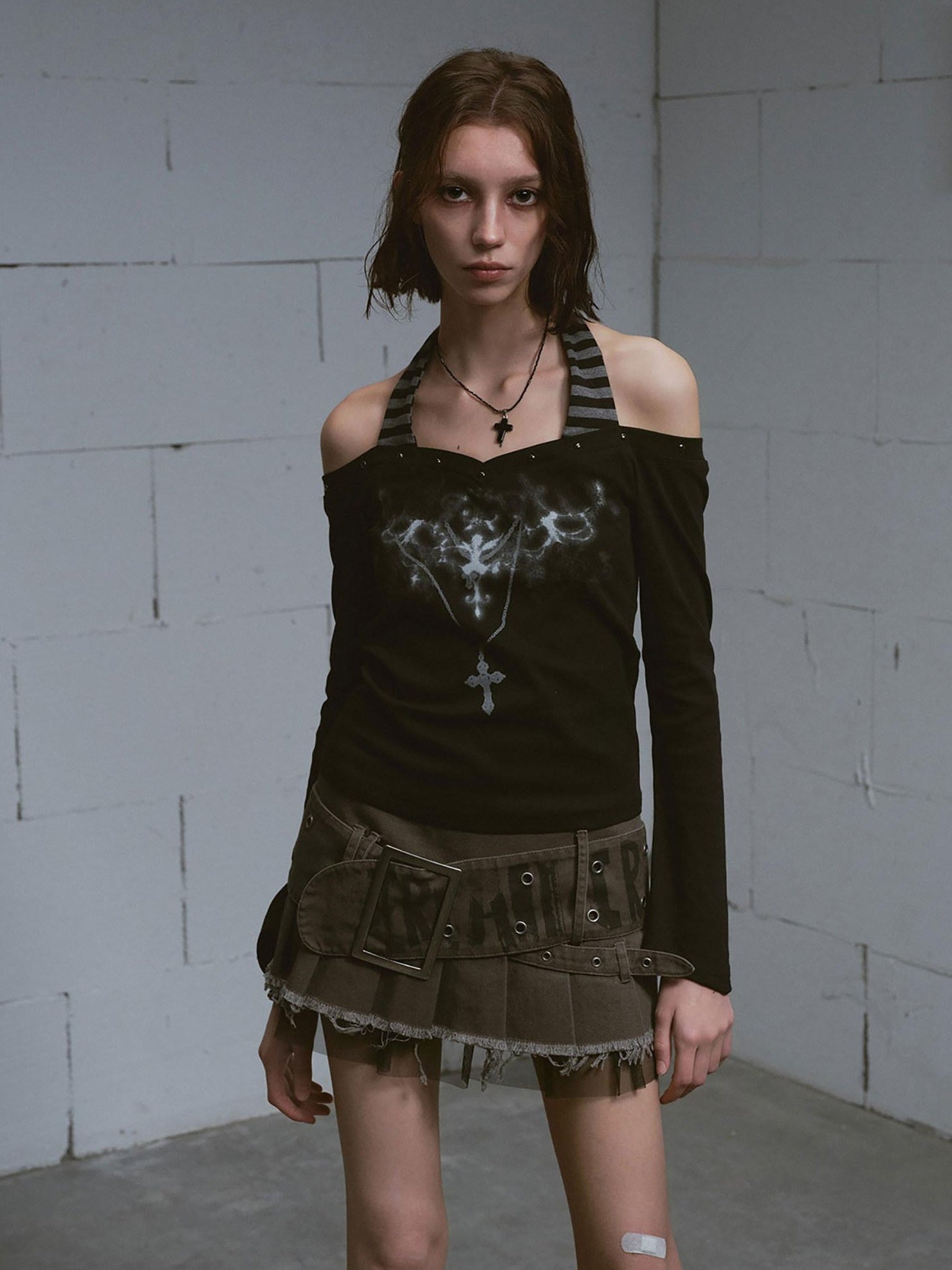 Cest Nous Printed Slim Street Punk Long Sleeve Straight Neck Women Haltercroptops
