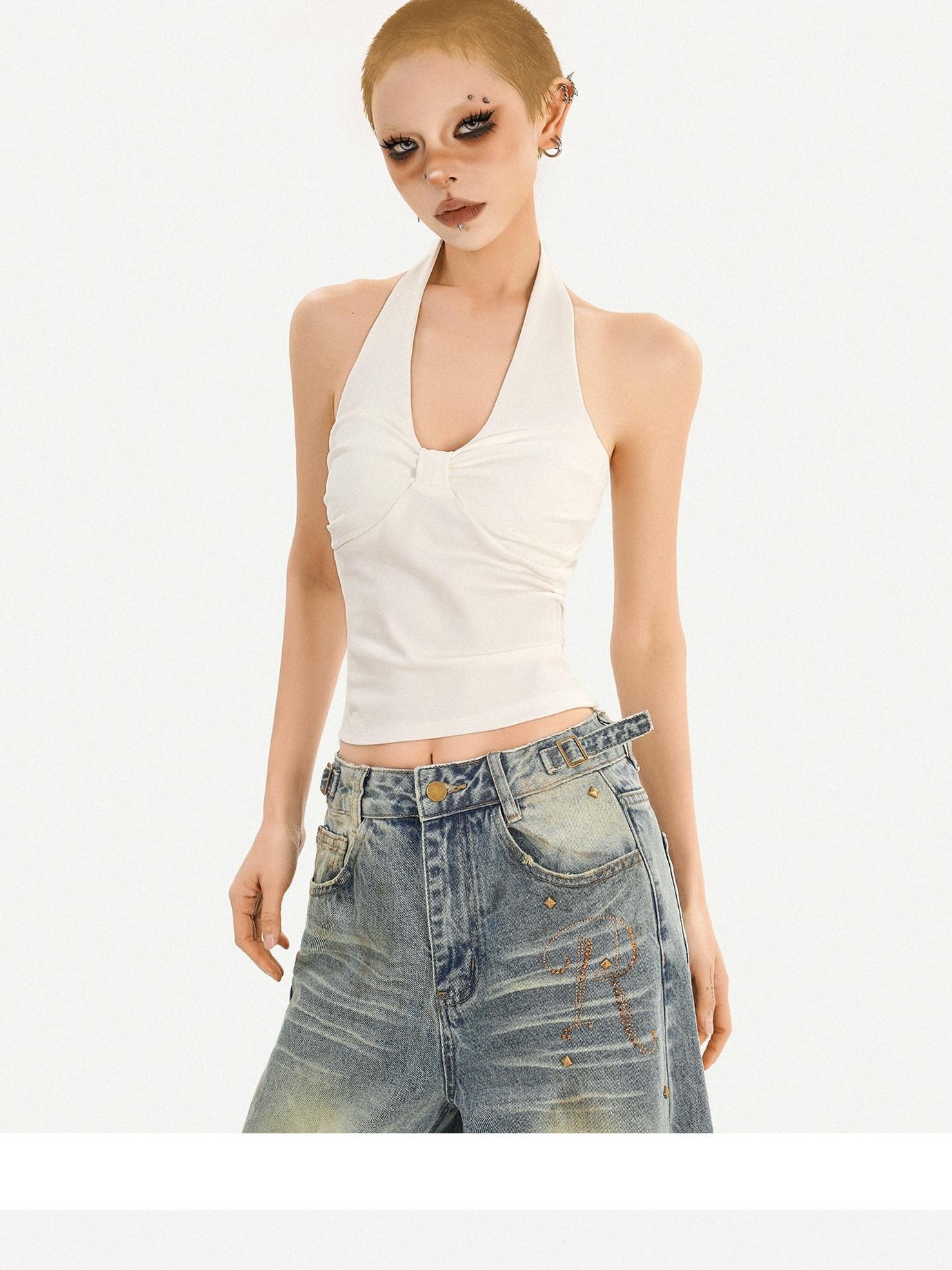Nico Molly Sexy Slim Fit Halter V-neck Women Pullover Cropped Solid No Padding Camisoles