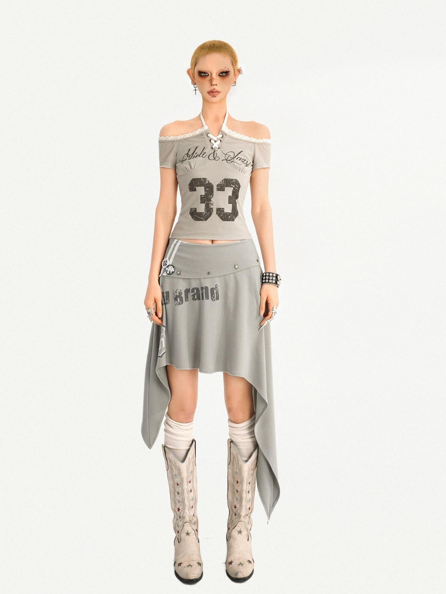 Nico Molly Sexy Slim Tie Front Women Letter Number Print Grey Off Shoulder Crop Tops