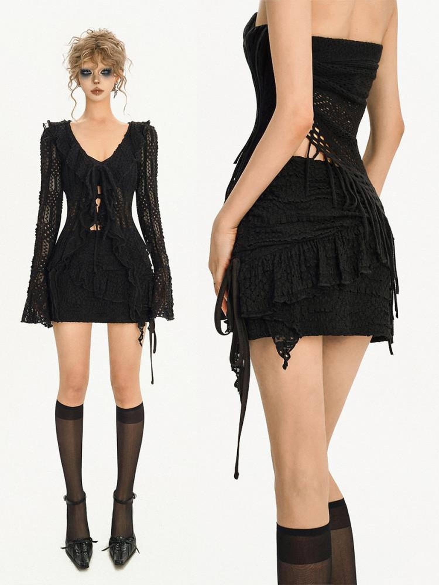 Nico Molly Edgy Streetwear Solid Black Lace Mid Rise A Line Young Women Mini Skirts
