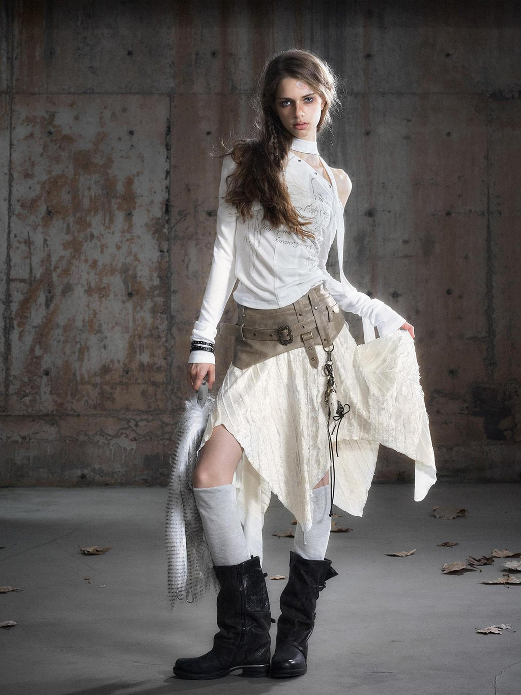 Cest Nous Pu Patchwork Punk Asymmetric Low Waist Youth Daily Wear Cotton Blend Midiskirts